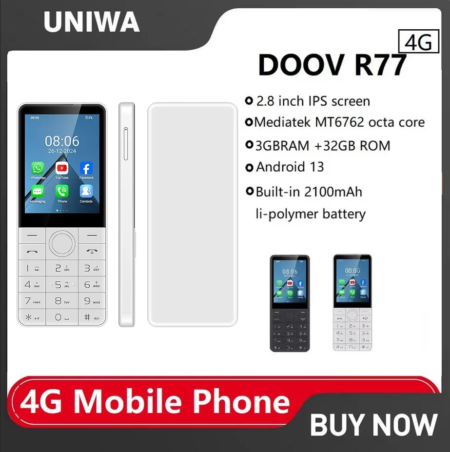 새로운 DOOV R77 4G 터치 키보드 구글폰 안드로이드 13 2.8인치 화면 3GB+32GB 2100mAh 볼트 통화 와카타임 휴대폰 히브리어 아랍어 지원
