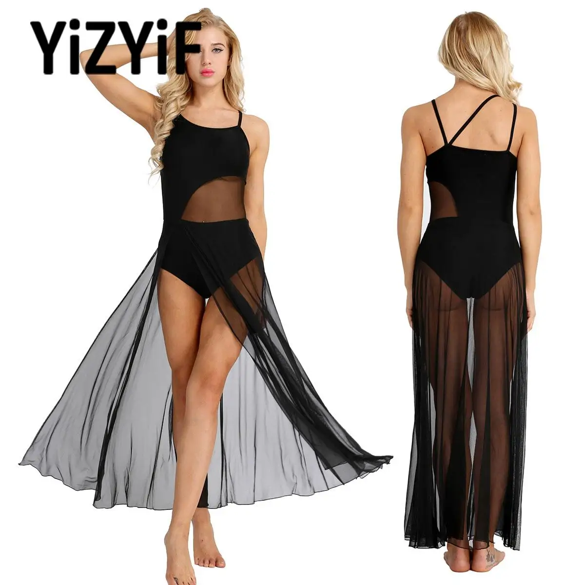 서정적 현대 무용 공연 원피스 여성용, 쉬어 메쉬 레오타드 원피스, 볼룸 피겨 스케이팅 의류, 여성 의류 2025