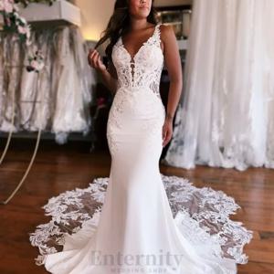 신부를위한 Enternity 유행 인어 웨딩 드레스 스파게티 스트랩 코트 기차 레이스 Applique Vestido De Novia 맞춤형