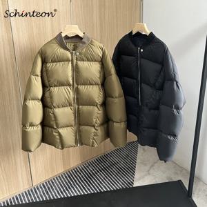 Schinteon 여성 화이트 오리 다운 재킷 야구 칼라 두꺼운 가을 겨울 따뜻한 아웃웨어 고급스러운 캐주얼 오버 사이즈 코트 2025 신규