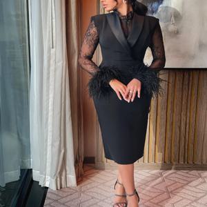 맞춤형 현대 스타일 저지 플리츠 깃털 스트레이트 하이 칼라 미디 드레스 맞춤형 행사 저녁 고품질