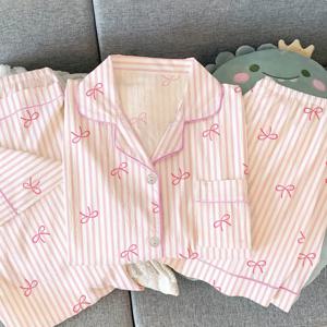 여성 여름 잠옷 3 피스 세트 레저 잠옷 반팔 옷깃 Sweet Bowknot Striped Print Homewear 여성 Loungewear