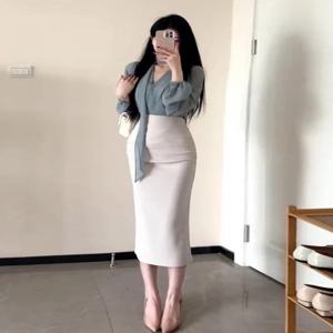 캐주얼 V넥 긴팔 여성 패션 세트 2025년 봄 라이트 성숙 스타일 바디콘 스커트와 탑 투피스 한국 디자인