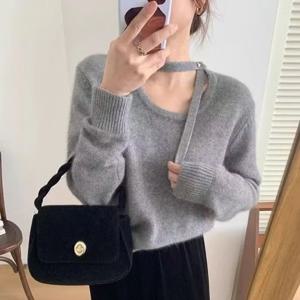 그레이 니트 스웨터 여성용 봄 가을 넥 홀터넥 끈 패션 이너웨어 베이스 레이어 트렌디 탑 루즈핏 긴팔 라운드넥