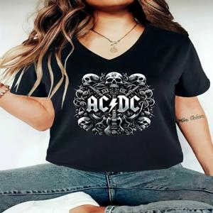 2025 플러스 사이즈 세련된 여성 v 넥 티셔츠, AC/DC 해골 및 크로스 패턴 반팔 빠른 건조 및 통기성 티셔츠