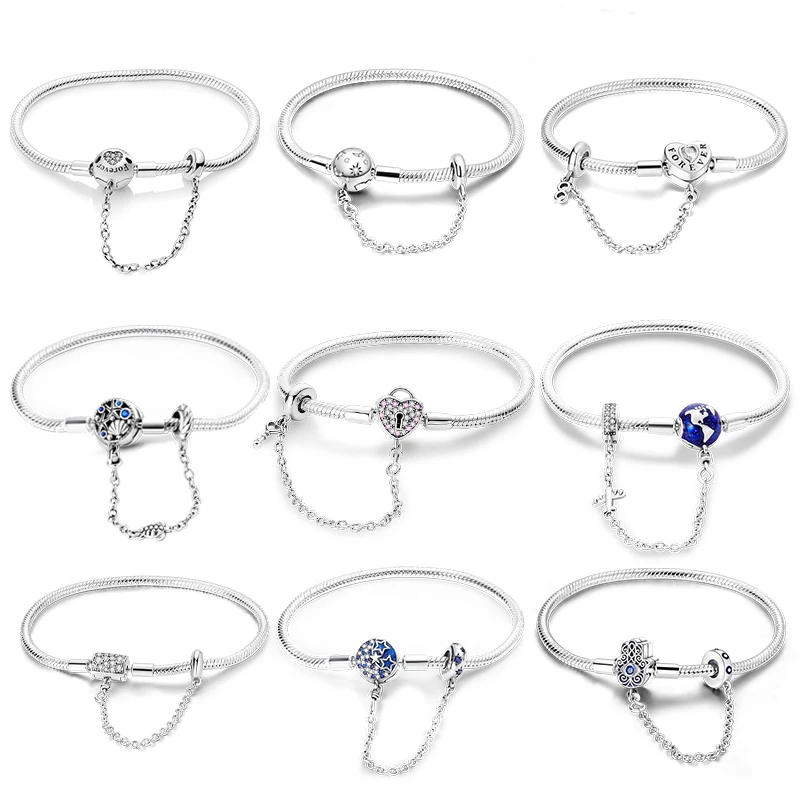 17-20CM 925 실버 핑크 하트 잠금 항공기 지구 팔찌 안전 체인 맞는 DIY 매력 비즈 파인 생일 쥬얼리