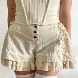 Y2K 페어리코어 빈티지 2000년대 스타일 하이웨이스트 배기 러플 팬츠 사이드 밴디지 버튼 캐주얼 여성 반바지