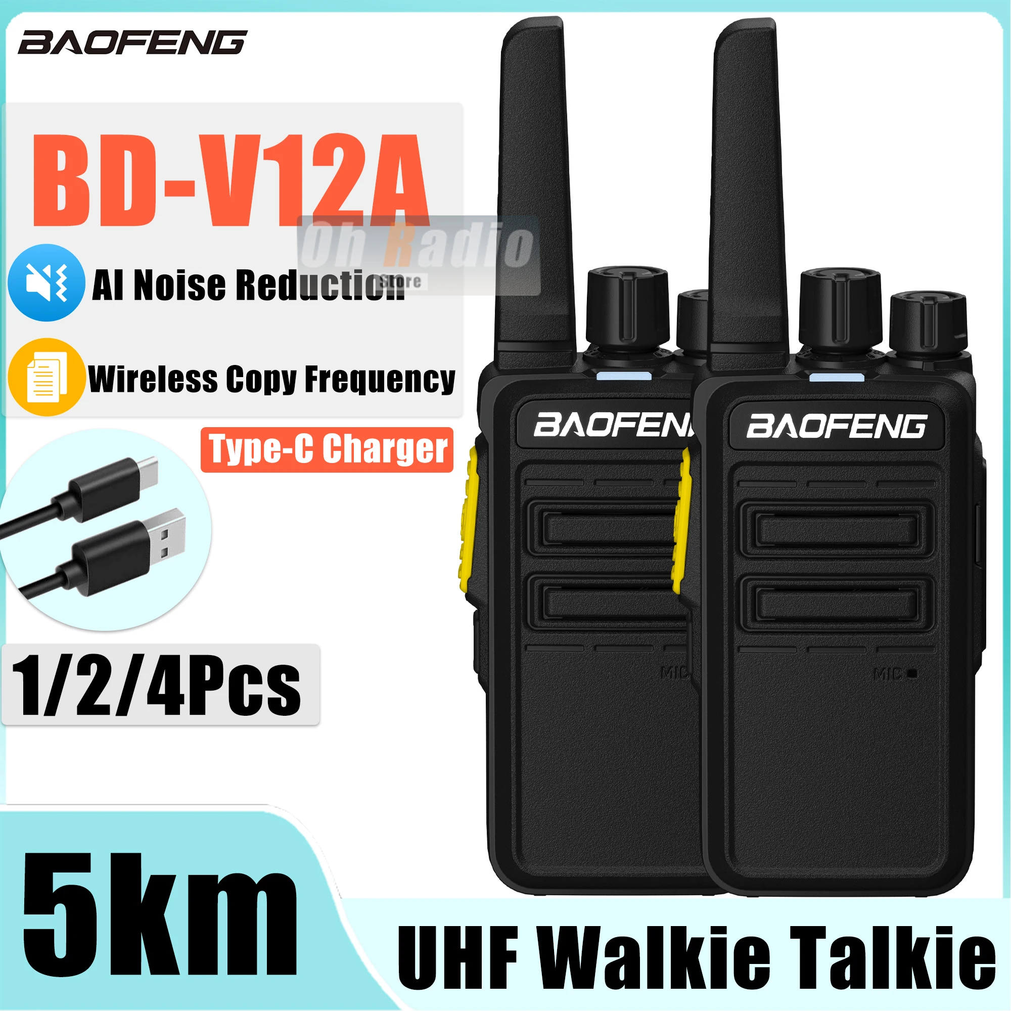 2/4PCS Baofeng BD-V12A 미니 워키 토키 소음 감소 무선 복사 주파수 유형-C 충전기 V12-A 햄 양방향 라디오 사냥