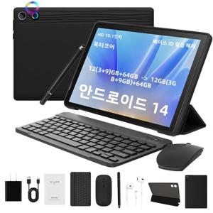 우라오 안드로이드 14 태블릿 10인치 12GB 램 64GB 롬 확장 가능 1TB 와이드바인 L1 5000mAh 스타일러스 키보드 마우스 헤드폰 케이스 세트