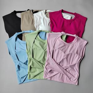 요가 반팔 여성 고정 가슴 패드 러닝 체육관 섹시한 등이없는 짧은 훈련 스포츠 티셔츠 허리 슬리밍 피트니스 조끼