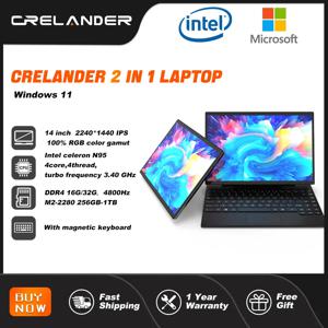 CRELANDER 2 in 1 노트북 인텔 N95 14인치 2K 터치스크린 DDR4 16GB 윈도우 11 마그네틱 키보드 태블릿 PC 미니 노트북