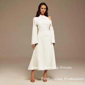 크레페 베어 넥 댄스 파티 드레스 아이보리 발목 길이 이브닝 드레스 긴 소매 코르셋 Vestidos De Fiesta Puffy Hem Customized