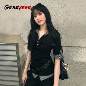 게나요아 아메리칸 레트로 패치워크 셔츠 여성 하프 슬리브 캐주얼 셔츠 Y2k 빈티지 페이크 투피스 탑 일본 2000년대 티셔츠