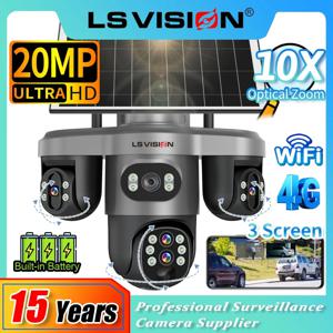 LS VISION 20MP 4렌즈 3화면 4G 태양광 카메라 실외 WiFi 10배 광학 줌 자동 추적 Wifi 감시 카메라 V380 Pro