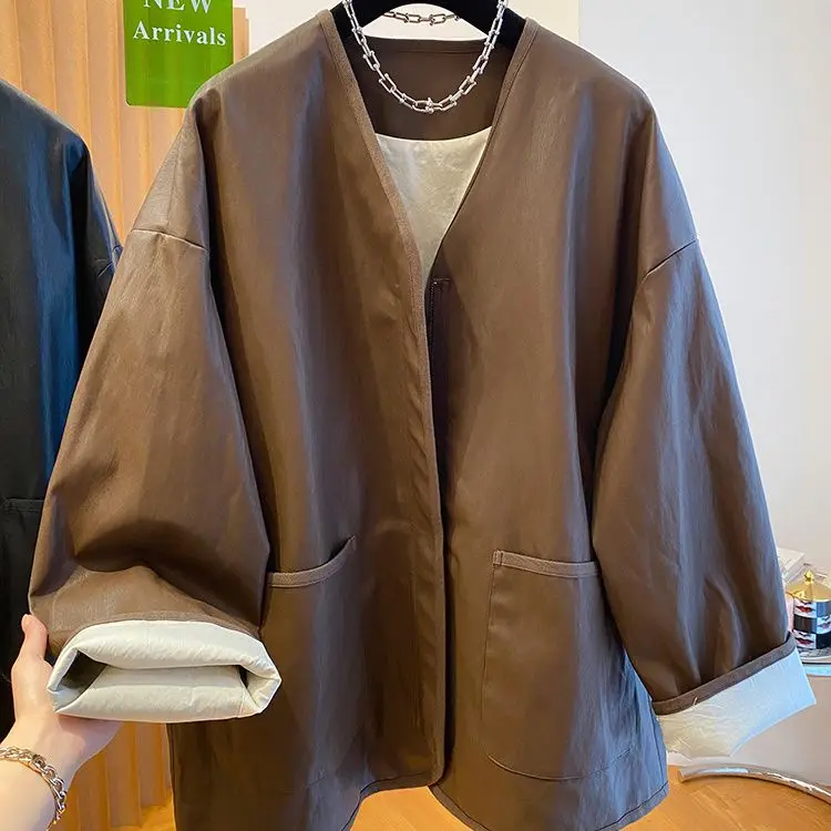 프리미엄 브라운 가죽 재킷 여성용 봄 가을 20245 루즈핏 마이야르웨어 PU 가죽