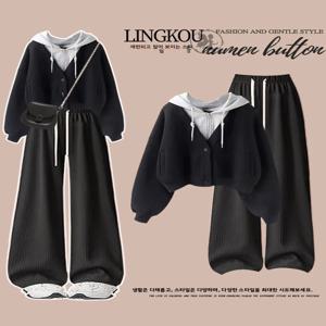 플러스 사이즈 가을 캐주얼 세트 여성 디자인 감각적인 안티에이징 페이크 투피스 스웨트셔츠 하이웨이스트 슬림 와이드 레그 팬츠 세트