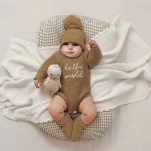 Ylsteed Hello World 뜨개질 신생아 사진 촬영용 롬퍼와 어울리는 폼폼 모자 포함 아기 소년 소녀 스웨터 의상