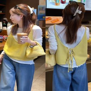 시크한 니트 긴팔 티셔츠, 백 스트랩 디자인, 라운드넥 레이스 트림 베스트 탑, 초가을 신상, 나이를 잊게 하는 여성용 탑