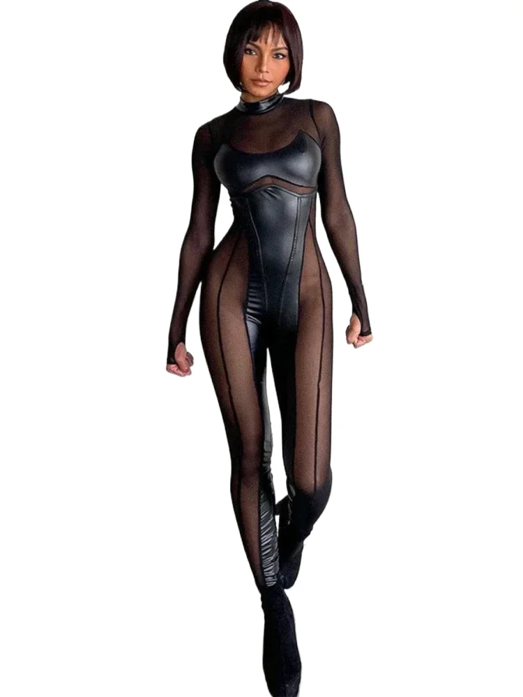 여성용 블랙 메쉬 시스루 바디콘 점프수트 2024 섹시 클럽웨어 고딕 펑크 블랙 원피스 테크웨어 C70-EC27