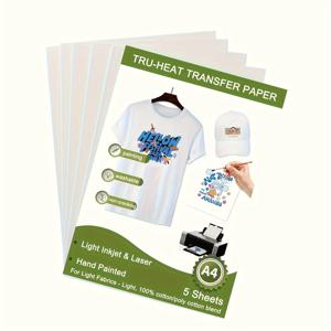 A4 열전사 용지(가벼운 원단용) 흰색 티셔츠용 5장 잉크젯 및 레이저젯 프린터용 인쇄 가능