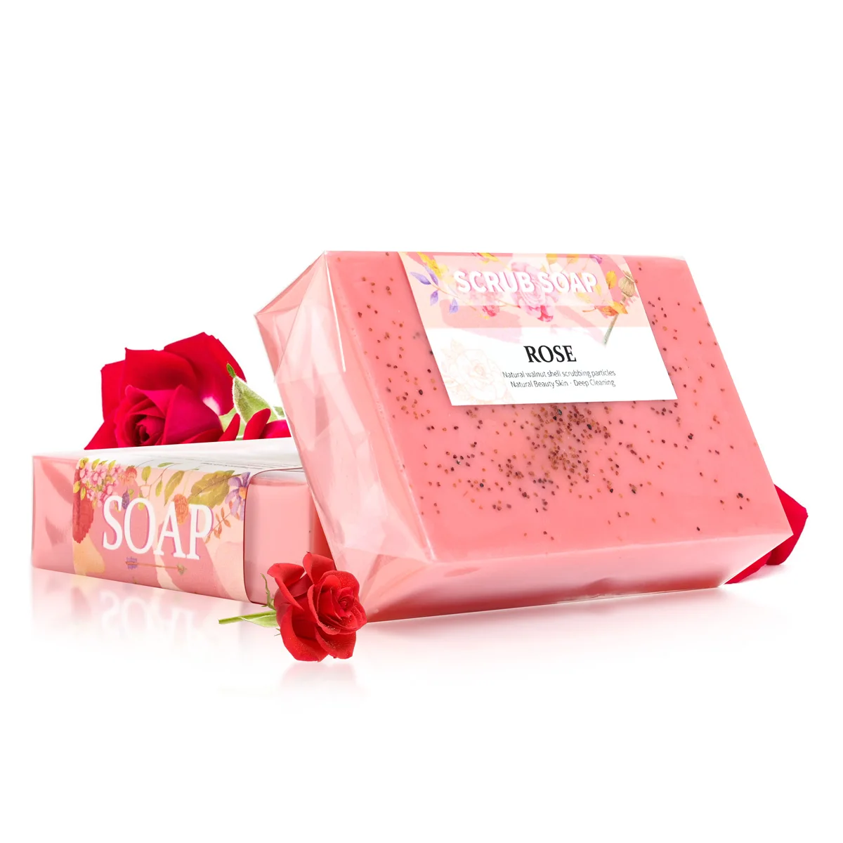 M+100G 순수 천연 장미 에센셜 오일 수제 호두 입자 비누 얼굴 각질 제거 클렌징 비누