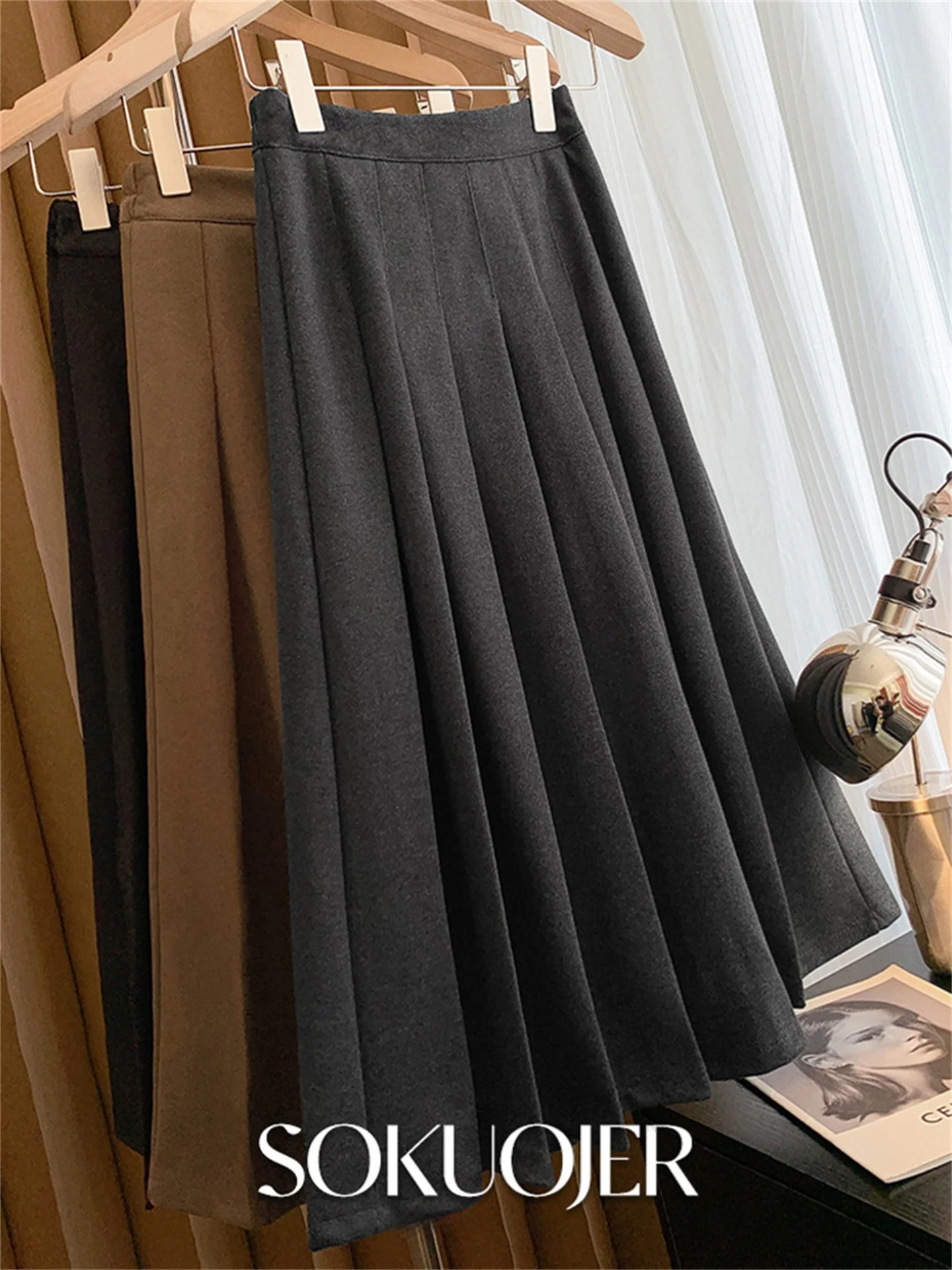 플러스 사이즈 그레이 울 하이웨이스트 두꺼운 가을 겨울 A라인 플리츠 미니 미디 스커트 슬리밍 우산 스커트 여성용