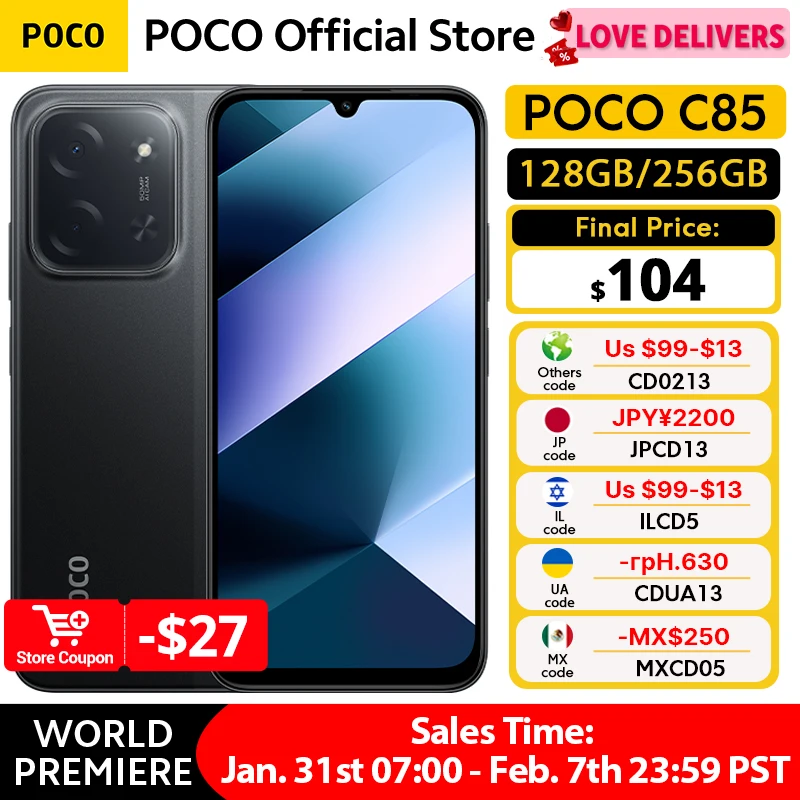 [월드 프리미어] POCO C85 글로벌 버전 스마트폰 128/256GB Helio G81-Ultra 6000mAh 배터리 6.9인치 디스플레이 50MP 카메라 33W NFC