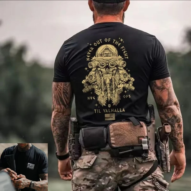 여름 전술 군사 팬 크루넥 반팔 미국 터프 가이 인스 노르딕 신화 프린트 남성용 반팔 면 티셔츠