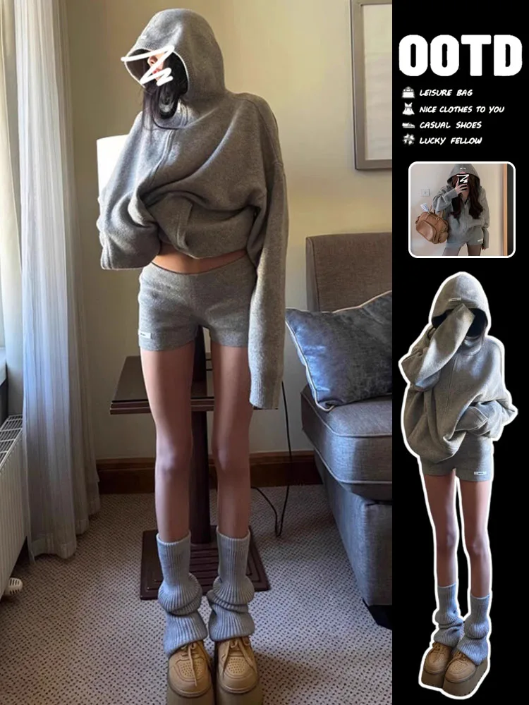 그레이 니트 스웨터 드레스 세트 여성 패션 가을 겨울 컬렉션 코지 하이웨이스트 숏 슬리브 롱 후디 가디건
