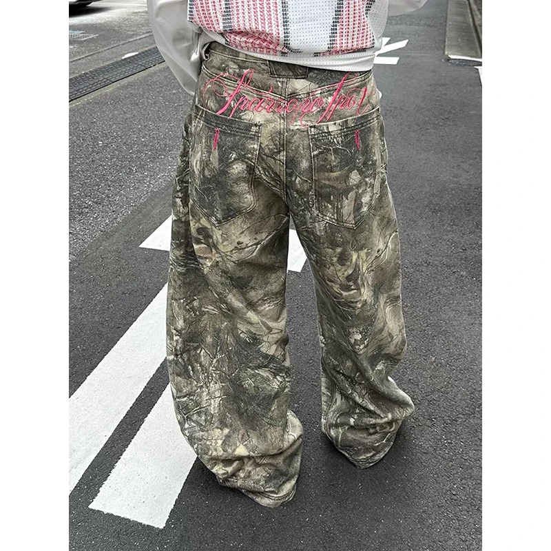 ZHIZOU 여성 고딕 배기핏 Y2K 청바지 미국 2000년대 스타일 자수 청바지 빈티지 하라주쿠 오버사이즈 데님 바지 가을