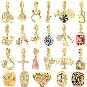 오리지널 925 실버 골드 참 비즈 팔찌 DIY 코끼리 강아지 하트 펜던트 여성용 주얼리