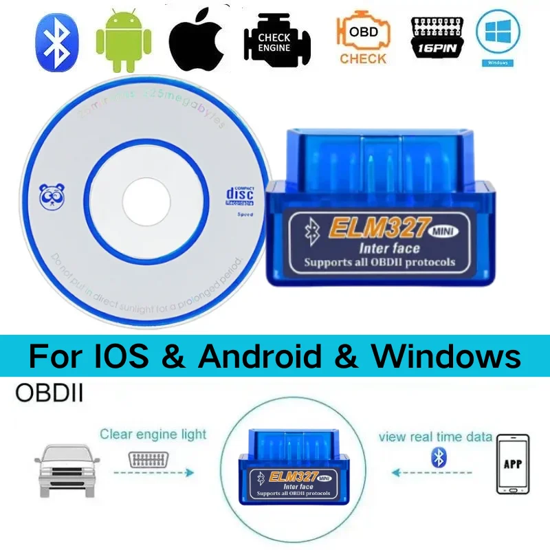 블루투스5.1 미니 ELM327 V2.1/V1.5 자동차 OBD2 스캐너 디스크 포함 자동차 진단 도구 코드 리더 안드로이드/IOS/윈도우용