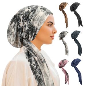 트렌디 프린트 여성 히잡 헤드 스카프 히잡 케모 캡 터번 프리타이드 헤드웨어 반다나 암 환자 탈모 헤드스카프 헤드 랩