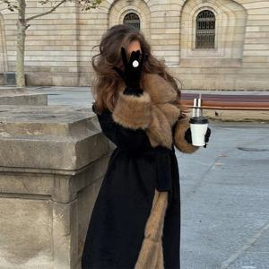 2025 여성 빈티지 인조 모피 울 롱 럭셔리 오버코트 시크 풀 슬리브 브이넥 레이스업 루즈 코트 신상 여성 출퇴근 아우터