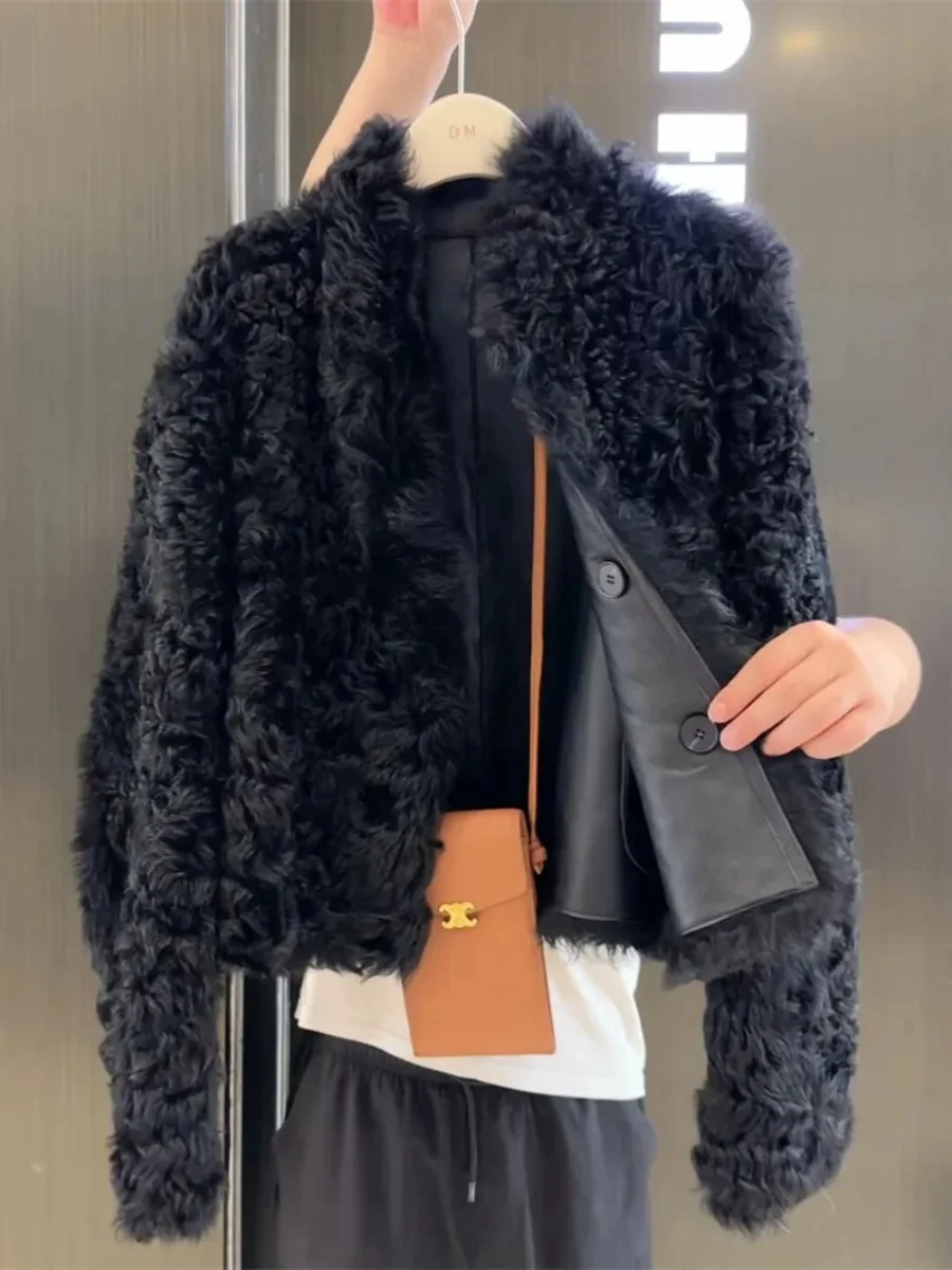 시크한 두꺼운 PU 가죽 스플라이스 블랙 양털 재킷 여성용 가을 겨울 한국 스타일 스몰 사이즈 패셔너블 탑