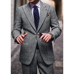 남성 헤링본 투피스 수트 노치 라펠 싱글 브레스티드 슬림핏 편안한 허리 캐주얼 엘레강스 비즈니스 수트 세트 포멀