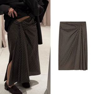 TFMLN 패션 여성 체크 스트레이트 미디 스커트 하이 웨이스트 슬림 롱 스커트 빈티지 시크 플리츠 트렌디 사이드 지퍼 드레스