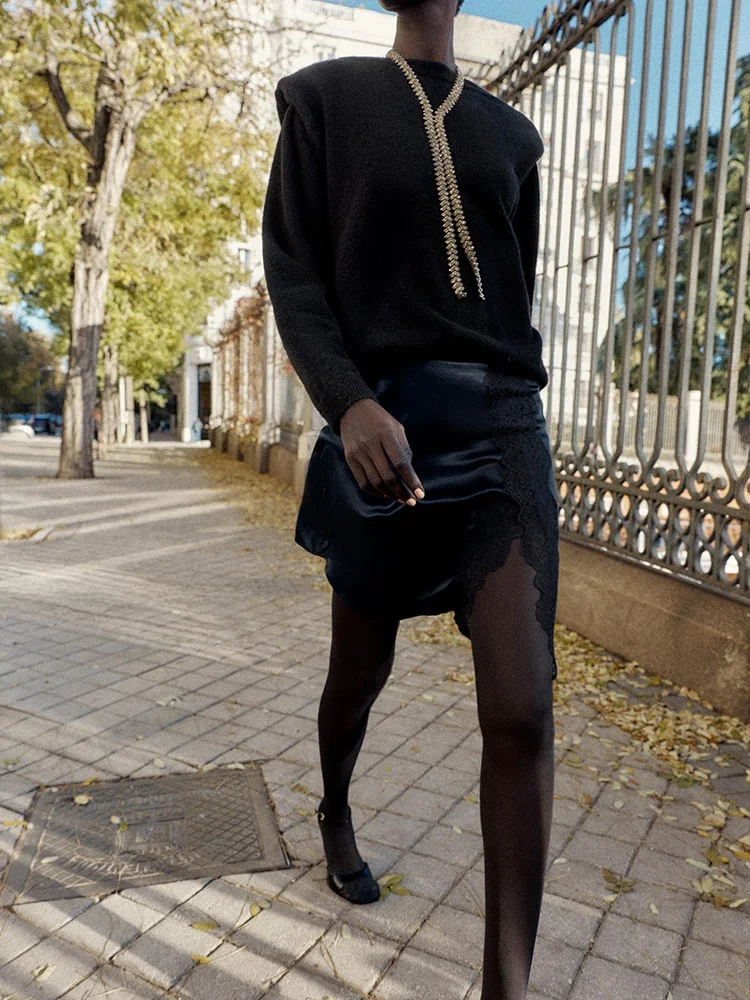 고급 ZA2025 여성용 겨울 신상 패치워크 실크 새틴 텍스처 미니스커트 에스닉 무대 의상 프리미엄 퀄리티 여성 스커트