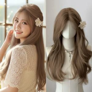 여성용 허니 브라운 가발 24인치 바디 웨이브 헤어 가발 자연스러운 룩 로리타 합성 가발 일상용 코스프레 헤드밴드 가발