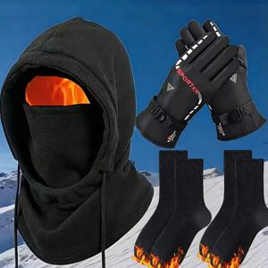 3/4pcs 가을 겨울 따뜻함 세트 플리스 안감 장갑과 양말이 포함된 통합 방풍 모자 겨울 복장 액세서리 패션