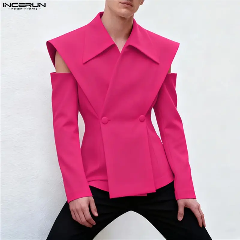 INCERUN 남성 블레이저 솔리드 컬러 라펠 긴 소매 버튼 캐주얼 남성 정장 스트리트웨어 오프 숄더 2026 패션 얇은 코트 S-5XL