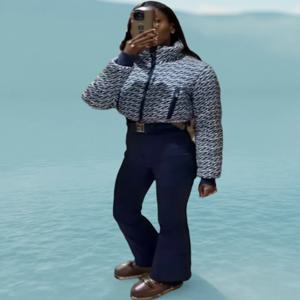 우아한 프린트 두꺼운 여성용 스키 점프수트 긴 소매 스탠드 칼라 지퍼 벨트 롱 롬퍼 2026 따뜻한 하이웨이스트 여성 롬퍼