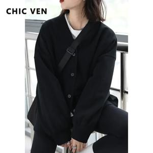 CHIC VEN 한국 여성 스웨트 셔츠, 단색 플러시 두꺼운 따뜻한 루즈 캐주얼 여성 상의, 오피스 레이디 코트 재킷, 가을 겨울 2023