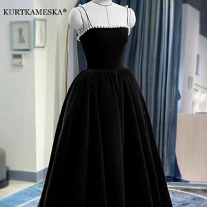 여성용 블랙 벨벳 웨딩 원피스, 우아한 무도회 이브닝 미디 드레스, 섹시한 긴 생일 졸업 파티 드레스, 2024 용수철