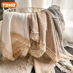 TDHD 신생아를위한 면화 모슬린 담요 술 수신 담요 새로 태어난 Swaddle Wrap 유아 슬리핑 퀼트 침대 커버