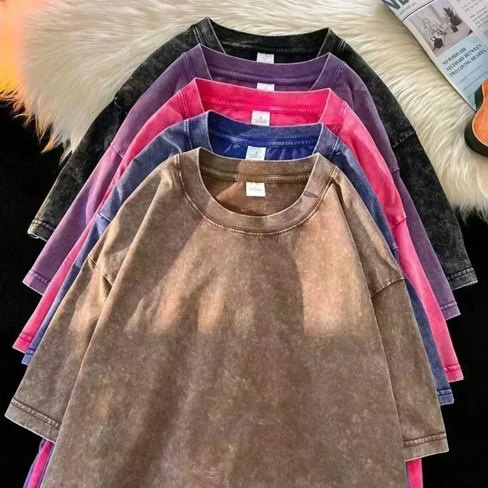 230G 코튼 아메리칸 라지 사이즈 남성 티셔츠, 여름 빈티지 의류, 워싱 티, 캐주얼 반팔, 기본 남성 상의