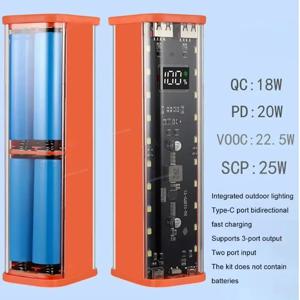 8x18650 파워 뱅크 케이스 PD 22.5W 고속 충전 LED 스크린 투명 배터리 보관함 USB+타입-C 포트 아이폰 삼성용