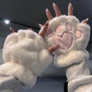 여성용 플러시 벙어리 장갑, 따뜻하고 부드러운 플러시 짧은 손가락없는 푹신한 곰 고양이 장갑, 코스튬 반 손가락 소녀 선물, 가을 겨울