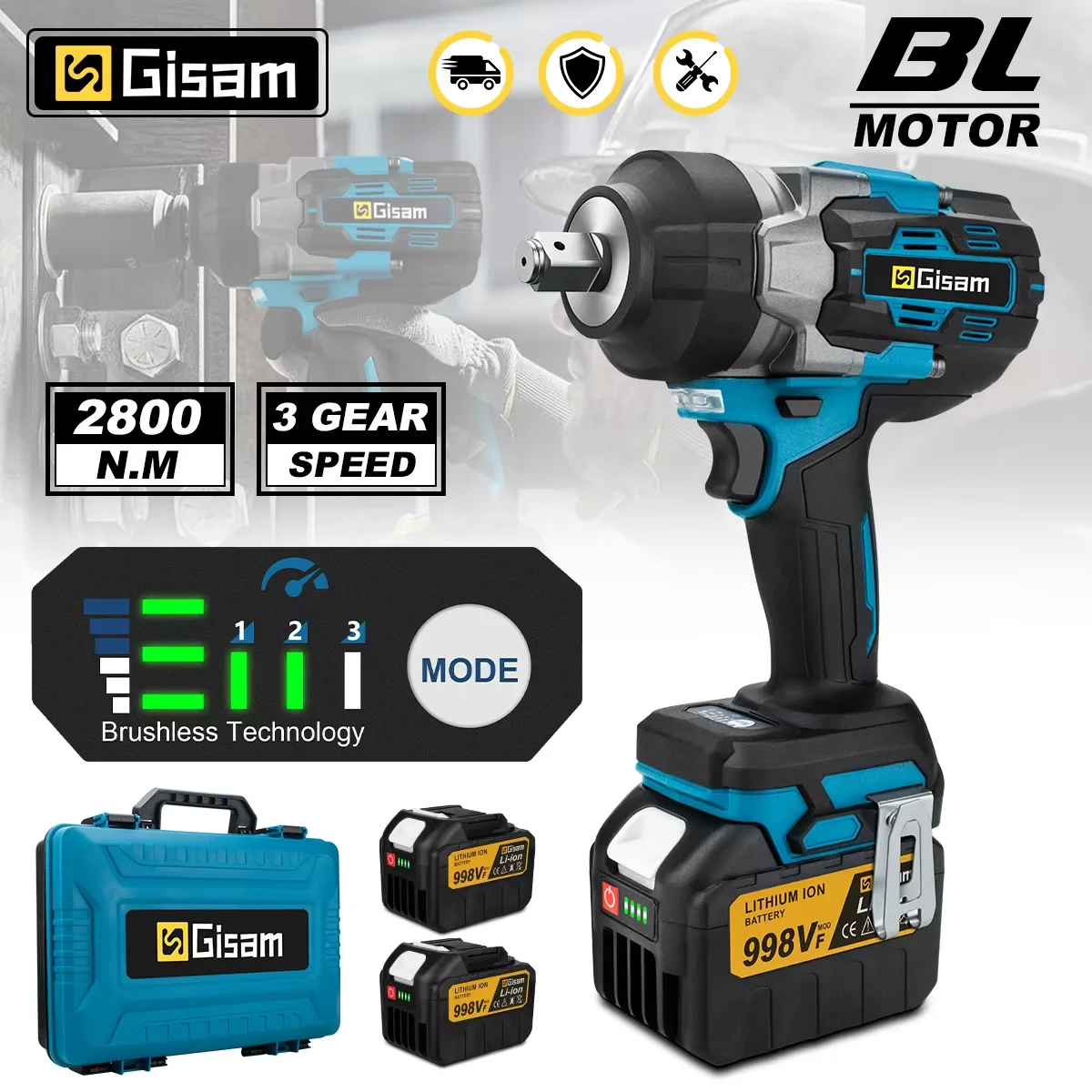 Gisam 2800N.M 브러시리스 전기 임팩트 렌치 무선 전기 렌치 Makita 18V 배터리 용 1/2 인치 스크루 드라이버 전동 공구