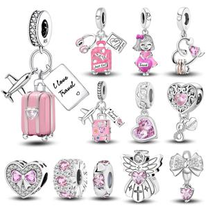 925 스털링 실버 펜던트 지르콘 핑크 러브 하트 참 비즈 오리지널 팔찌 뱅글 DIY 여성용 주얼리